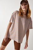 Bisküvi Bisiklet Yaka Çizgili Oversize Örme T-Shirt EN00609
