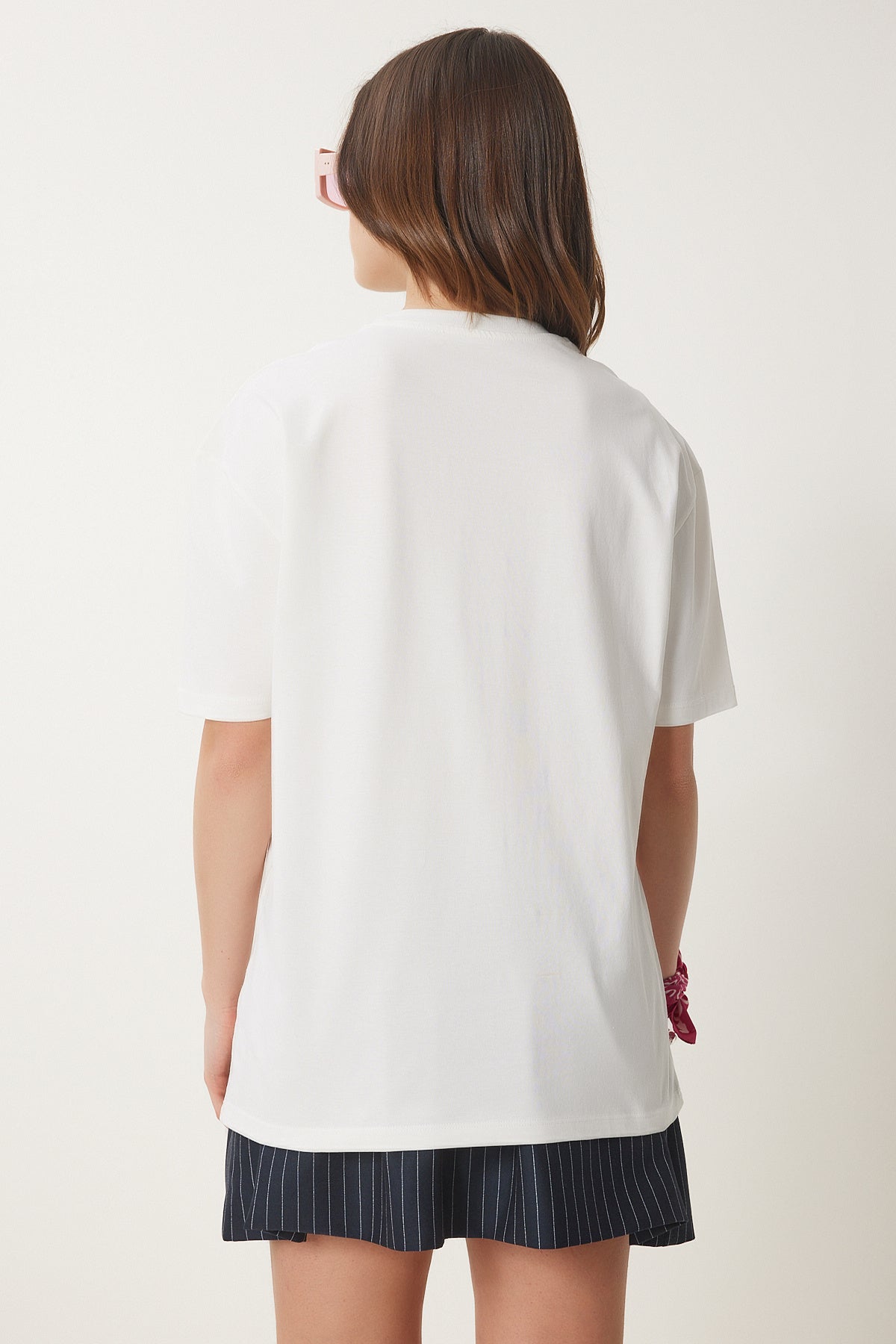 Ekru Baskılı Pamuklu Oversize Örme T-Shirt CR00446