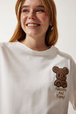Ekru Ayıcık Armalı Crop Örme T-Shirt HF00455
