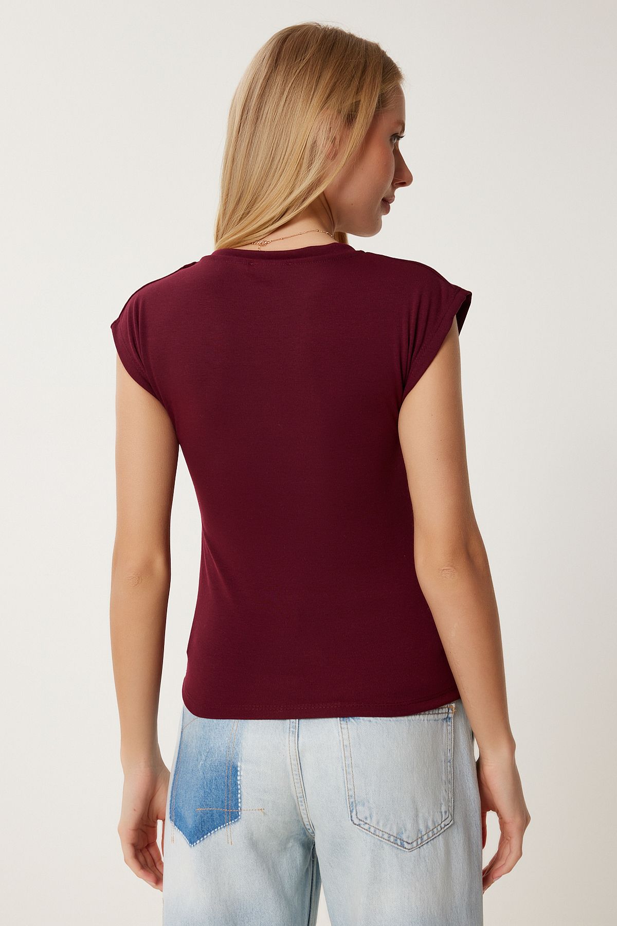 Bordo Kolsuz Esnek Örme T-Shirt ZV00307