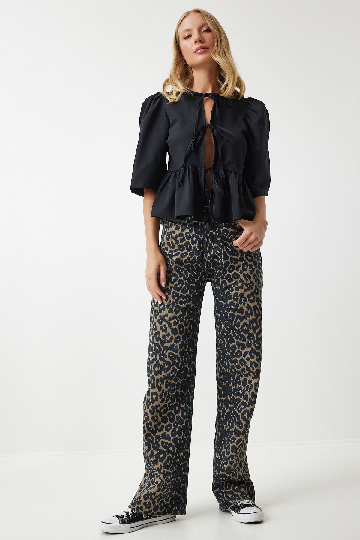 Siyah Kahverengi Leopar Desenli Straight Jeans UT00012