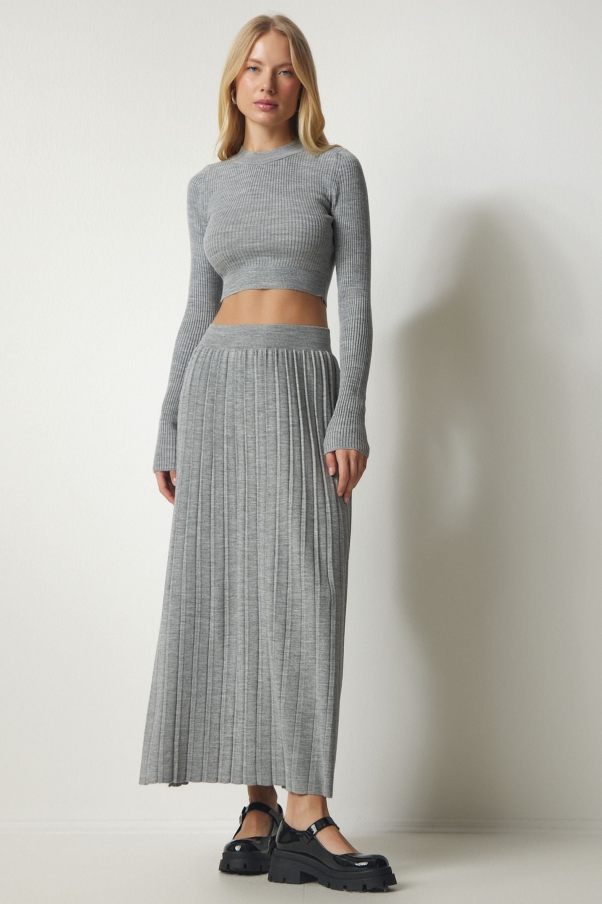 Gri Fitilli Triko Crop Etek Takım Kİ00106