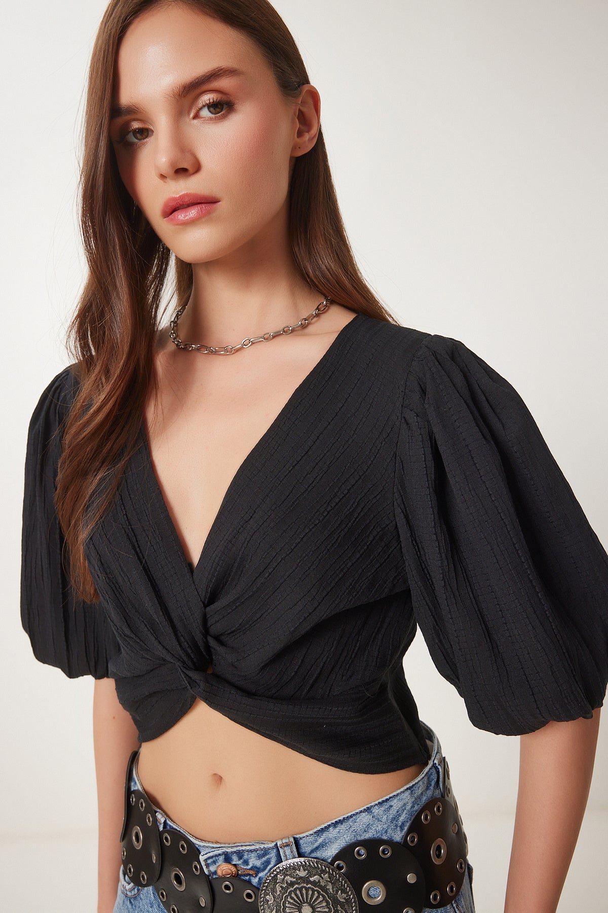Siyah Balon Kollu Crop Dokuma Bluz RG00052