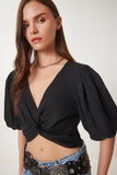 Siyah Balon Kollu Crop Dokuma Bluz RG00052