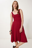 Bordo Askılı Yazlık Fitilli Örme Midi Elbise DZ00127