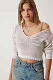 Ekru Ajurlu Crop Triko Bluz YY00212