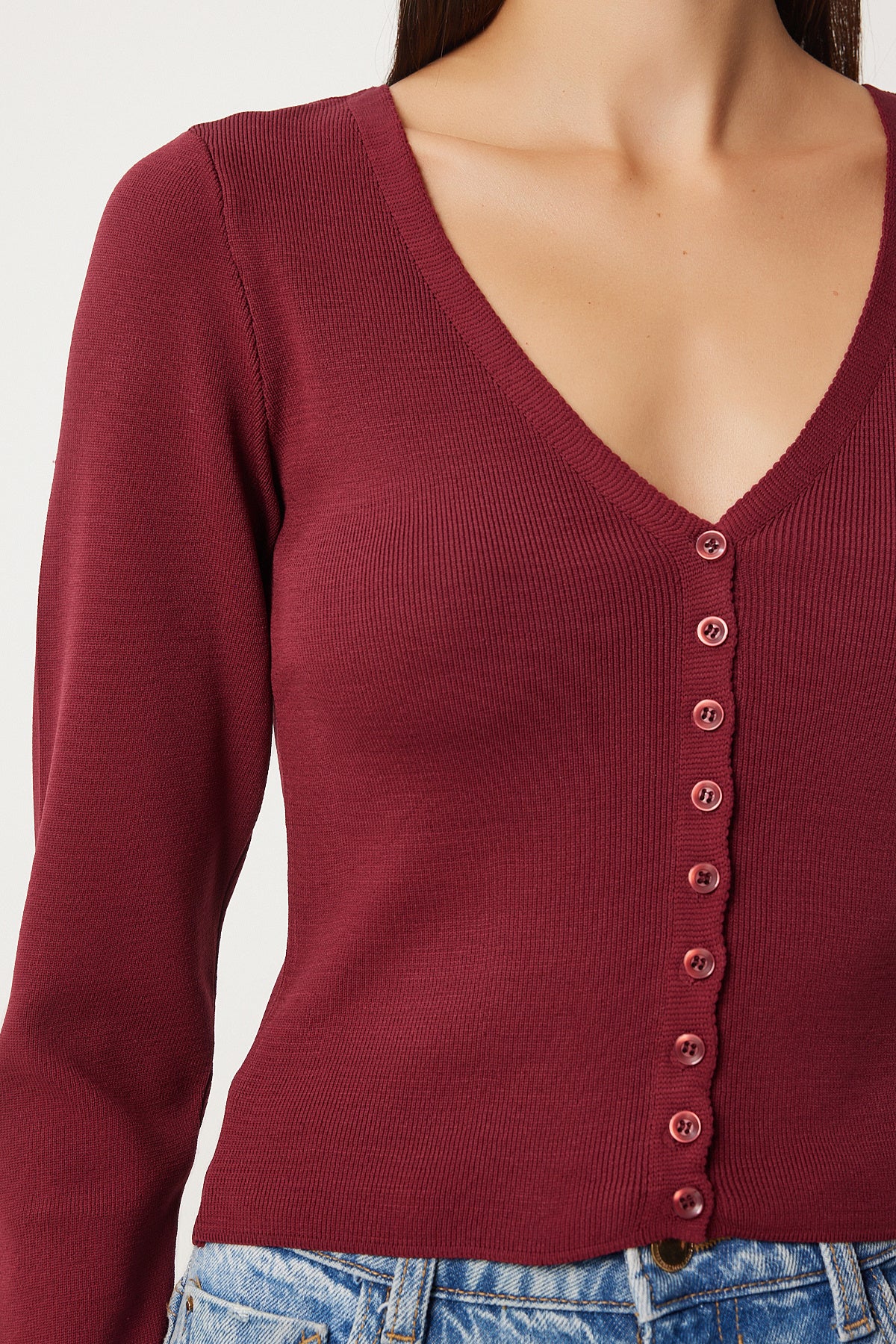Bordo V Yaka Triko Hırka  FN03356