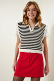 Krem Bağlamalı Çizgili Crop Triko Süveter MT00149