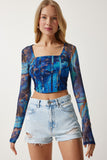 Mavi Desenli Crop Şifon Bluz AN00179