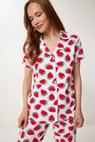 Beyaz Kırmızı Desenli Gömlek Alt Örme Pijama Takımı FP00010