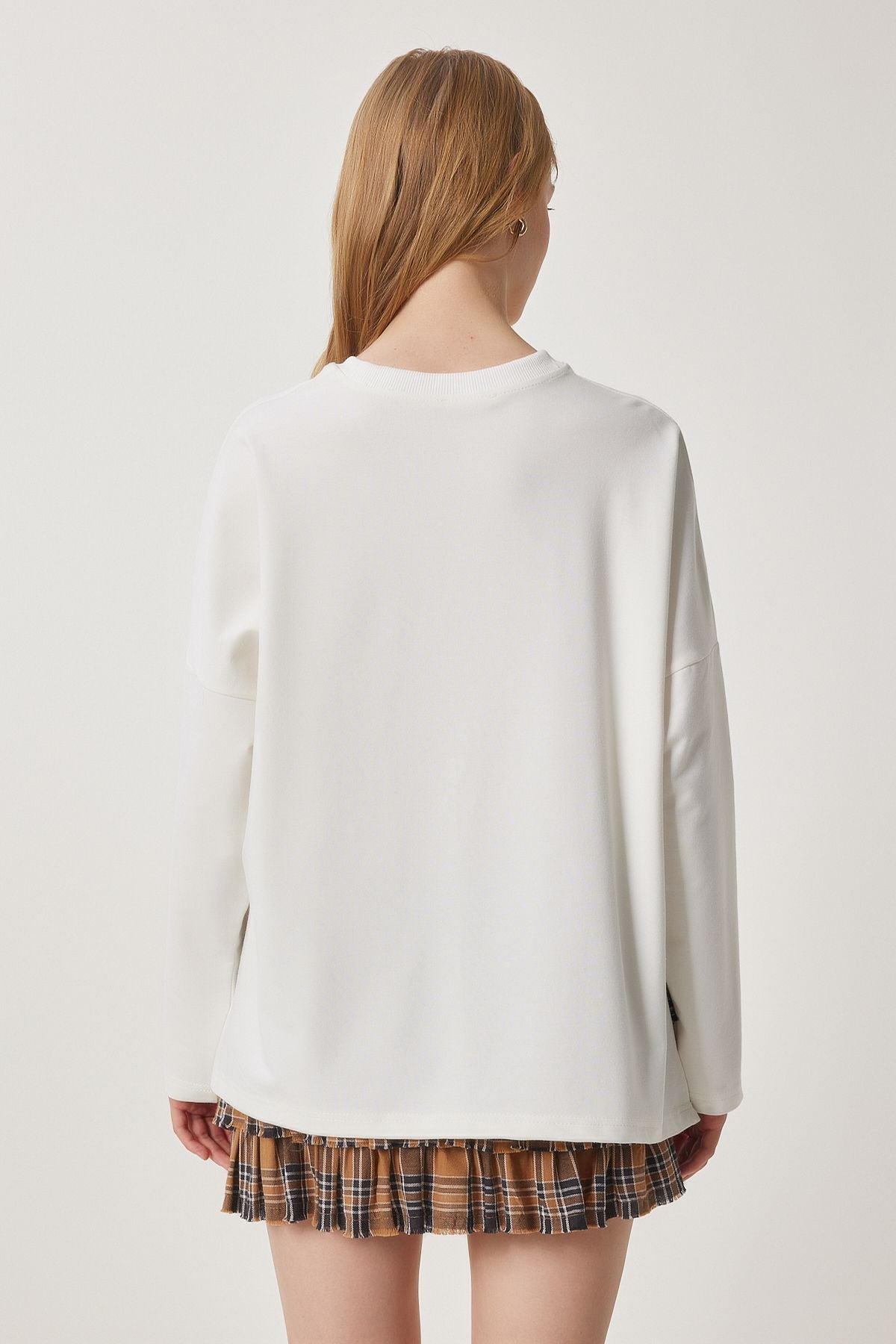 Ekru Yandan Yırtmaçlı Oversize Örme Sweatshirt UL00050
