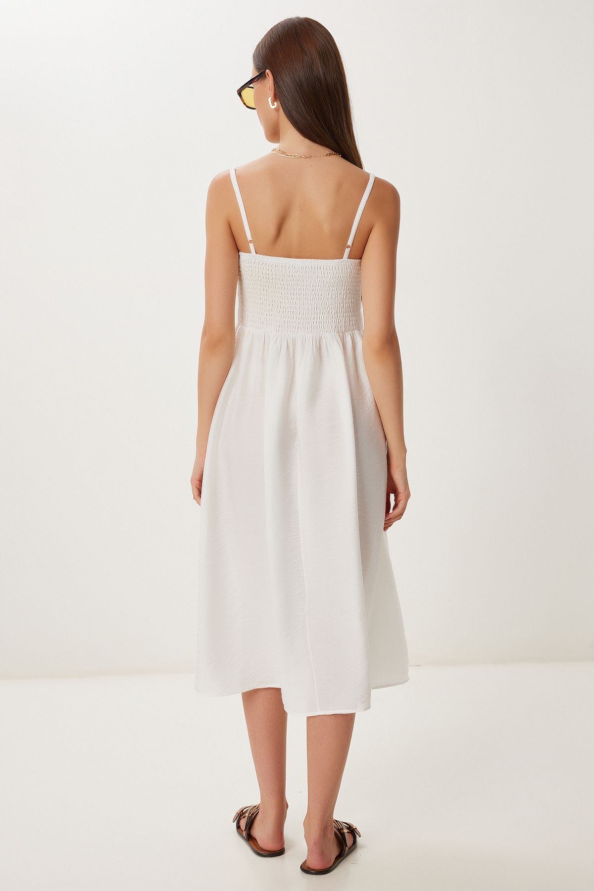 Ekru Askılı Yazlık Midi Ayrobin Elbise DD01357