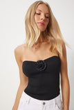 Siyah Gül Detaylı Straplez Crop Triko Bluz  FN03368