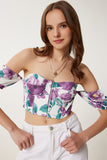 Mor Kemik Desenli Crop Viskon Bluz CR00510