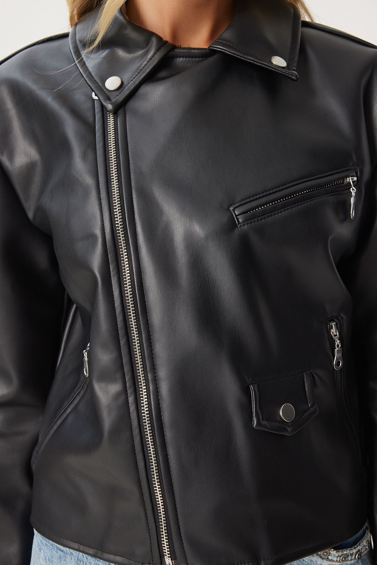 Siyah Suni Deri Crop Biker Ceket  FN03305