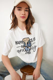 Ekru Ayıcık Armalı Pamuklu Oversize Örme T-Shirt CR00461