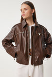 Kahverengi Vintage Görüntülü Suni Deri Biker Mont FN03382