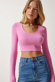 Pembe U Yaka Fitilli Crop Triko Bluz PF00068