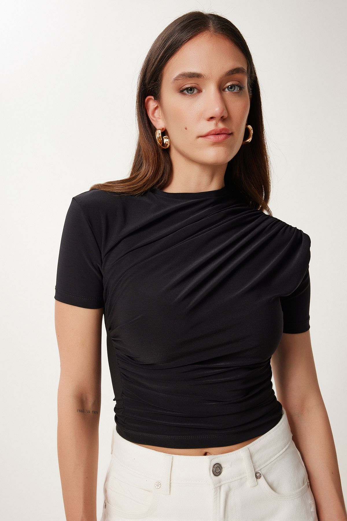 Siyah Büzgülü Sandy Örme Bluz FF00172