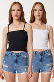 Siyah Beyaz 2’Li Paket Askılı Esnek Crop Örme Bluz WF00157