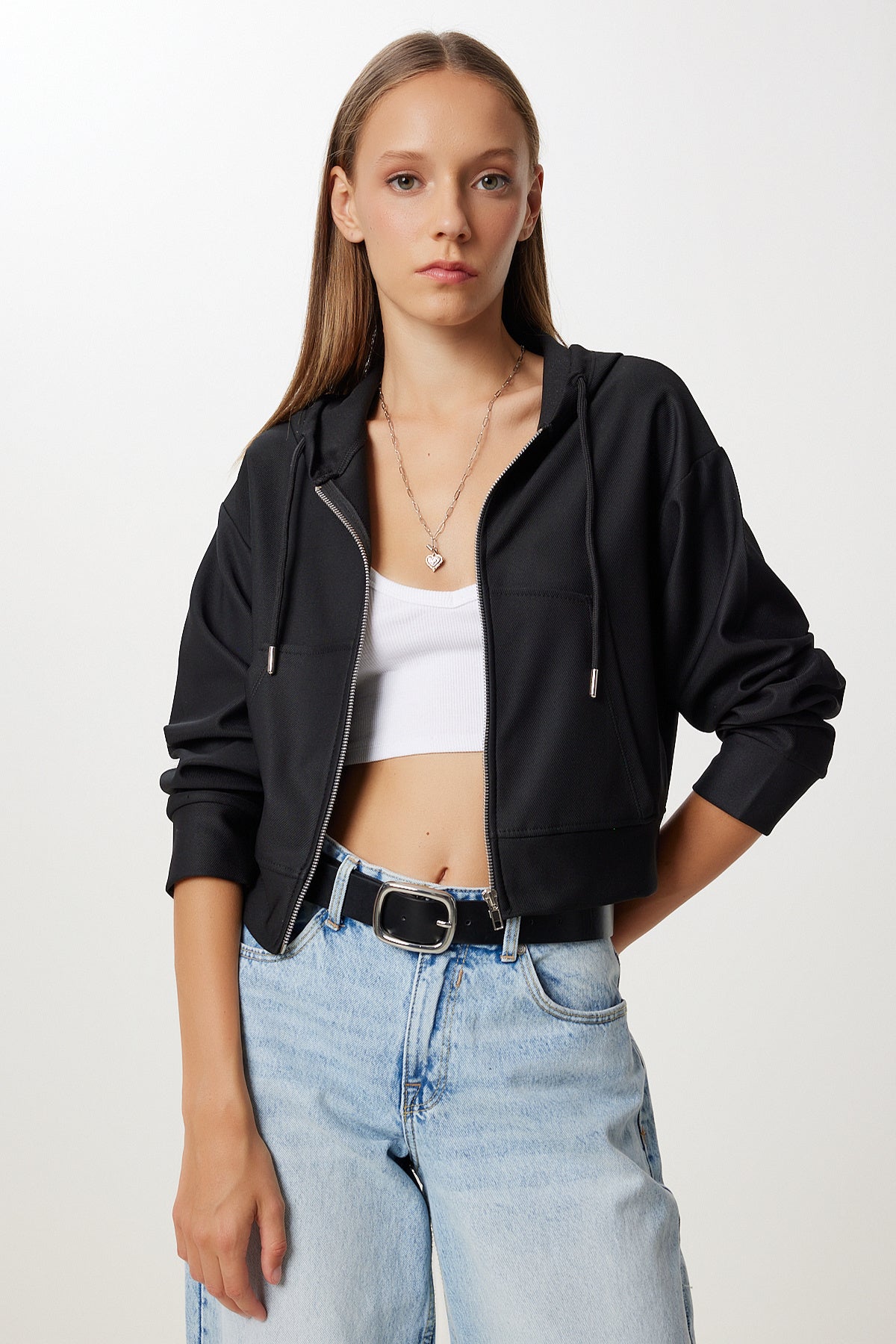 Siyah Kapüşonlu Fermuarlı Örme Sweatshirt AN00263