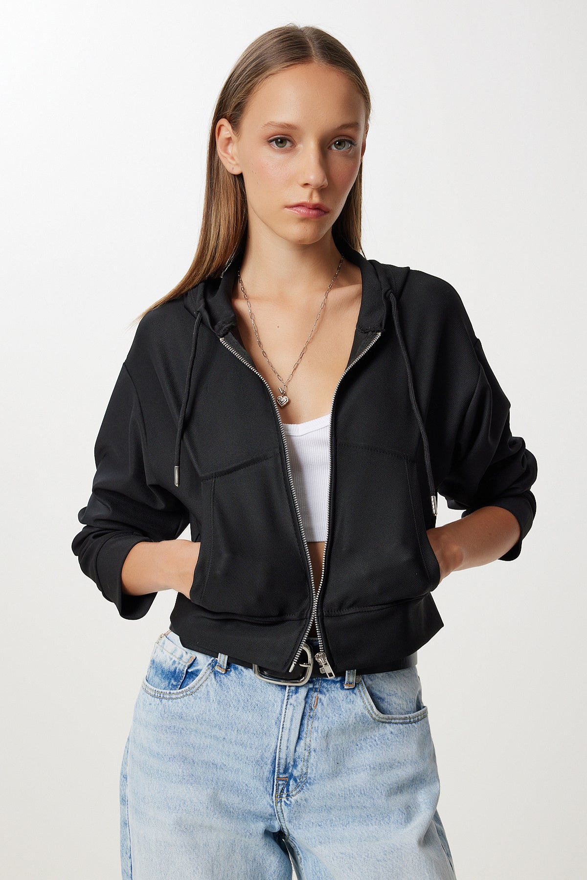 Siyah Kapüşonlu Fermuarlı Örme Sweatshirt AN00263