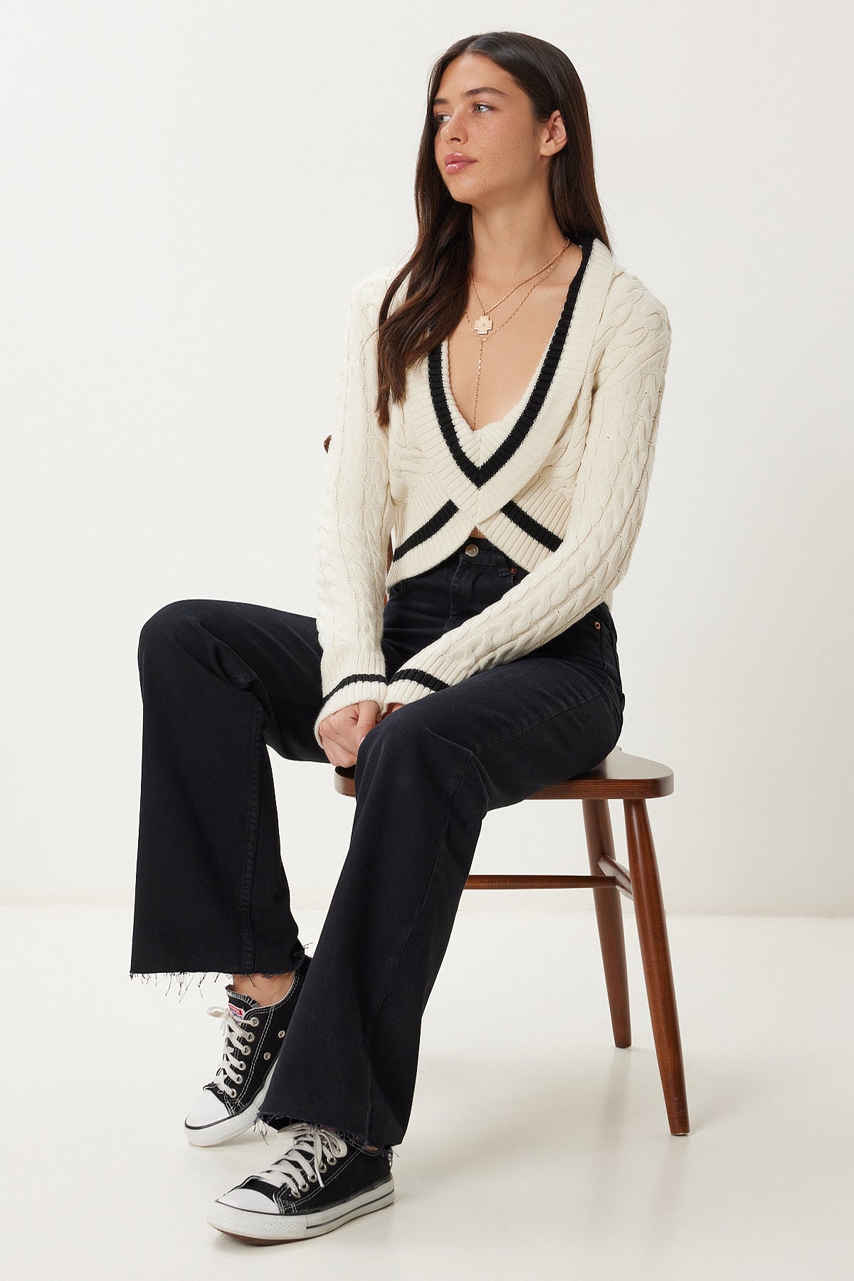 Krem Kontrast Renkli Crop Triko Kazak RW00007