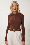 Kahverengi Polo Yaka Fitilli Triko Kazak US00954