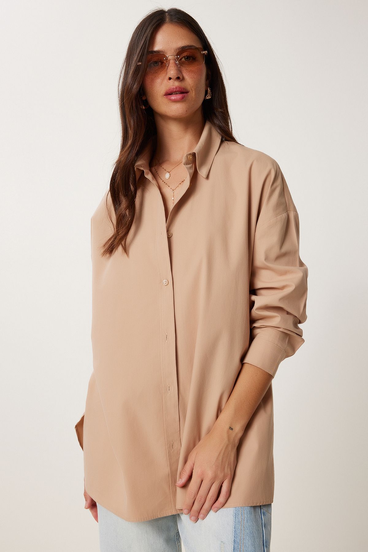Bej Oversize Poplin Gömlek WF00142