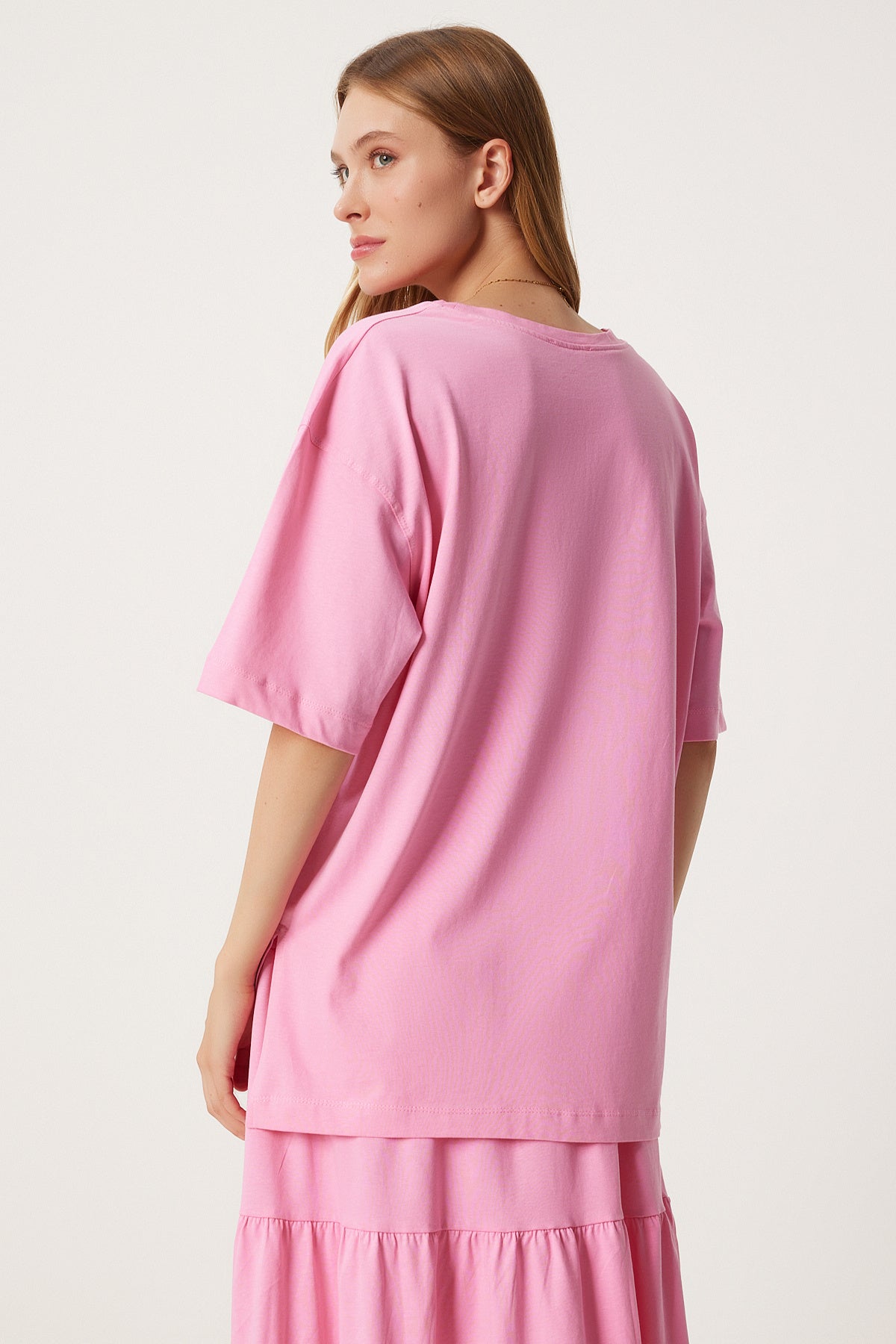 Pembe Oversize T-Shirt Volanlı Örme Etek Takım UB00291