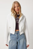 Ekru Kapüşonlu Şardonlu Fermuarlı Sweatshirt OW00051