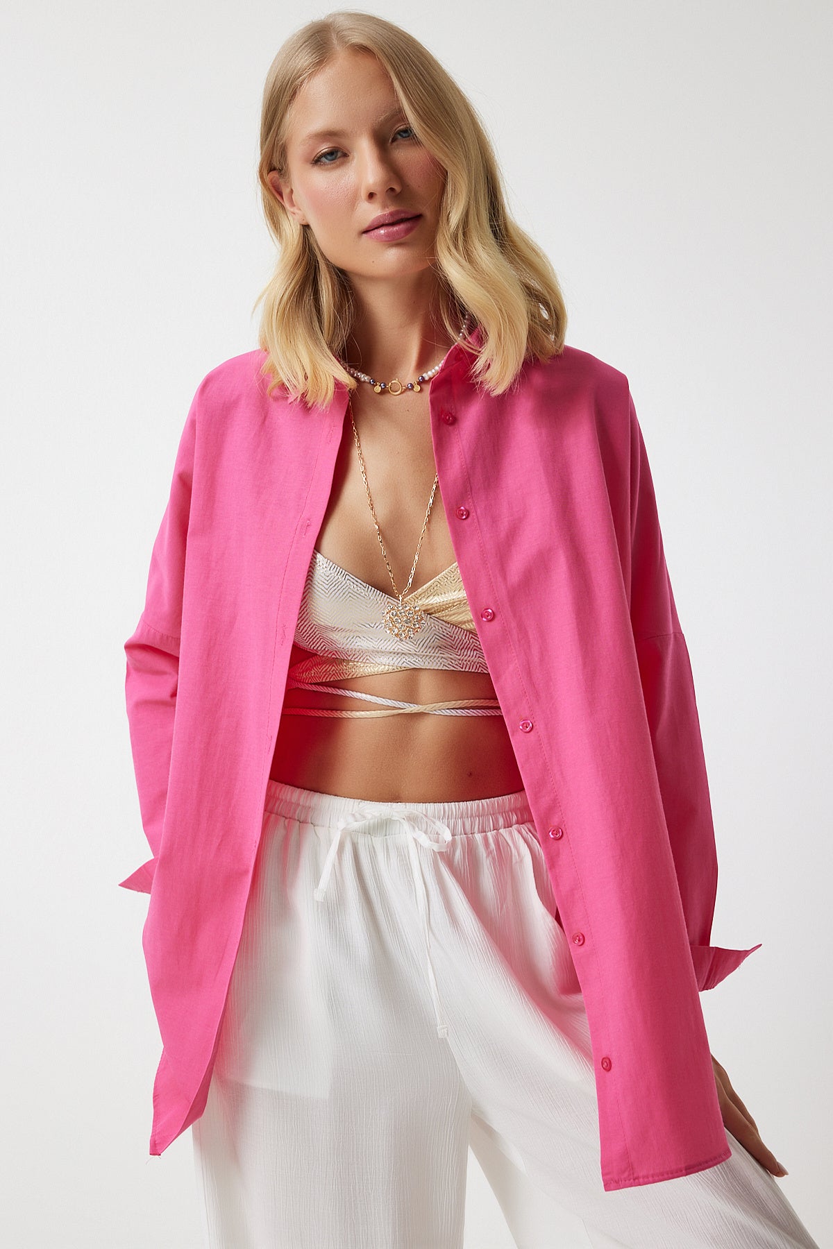 Koyu Pembe Oversize Uzun Basic Gömlek  DD00842