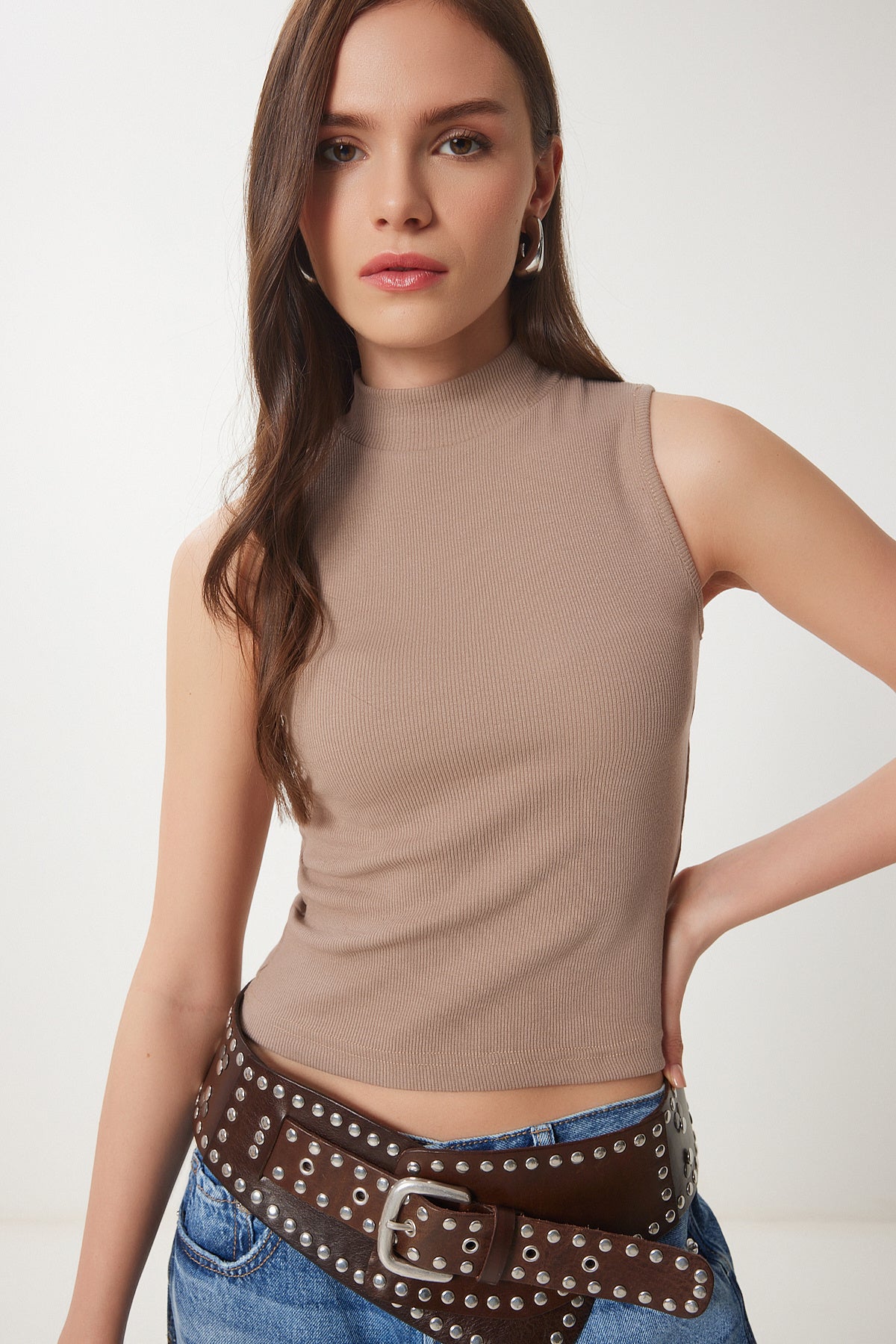 Bej Boğazlı Pamuklu Örme Bluz GT00004