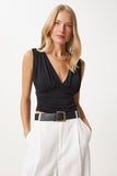 Siyah Derin V Yakalı Crop Sandy Örme Bluz BF00039