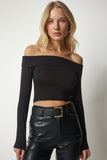 Siyah Katlı Carmen Yaka Örme Crop Bluz TO00086