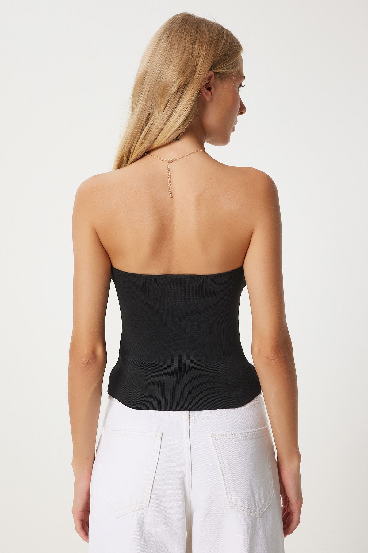 Siyah Gül Detaylı Straplez Crop Triko Bluz  FN03368