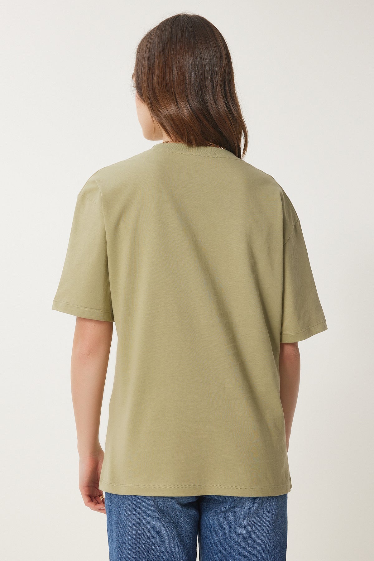 Zeytin Yeşili Nakışlı Pamuklu Oversize Örme T-Shirt CR00457