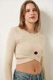 Krem Cut Out Detaylı Crop Bluz CE00091
