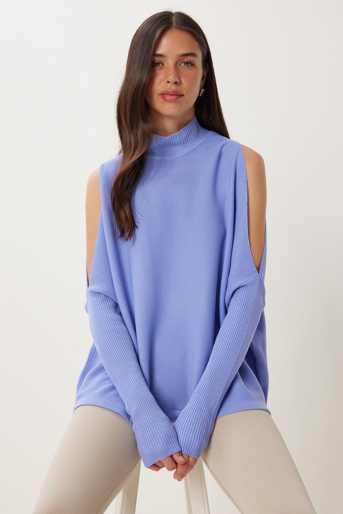 Koyu Lila Cut Out Detaylı Oversize Triko Kazak AS00015
