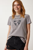 Gri Baskılı Örme T-Shirt WO00035
