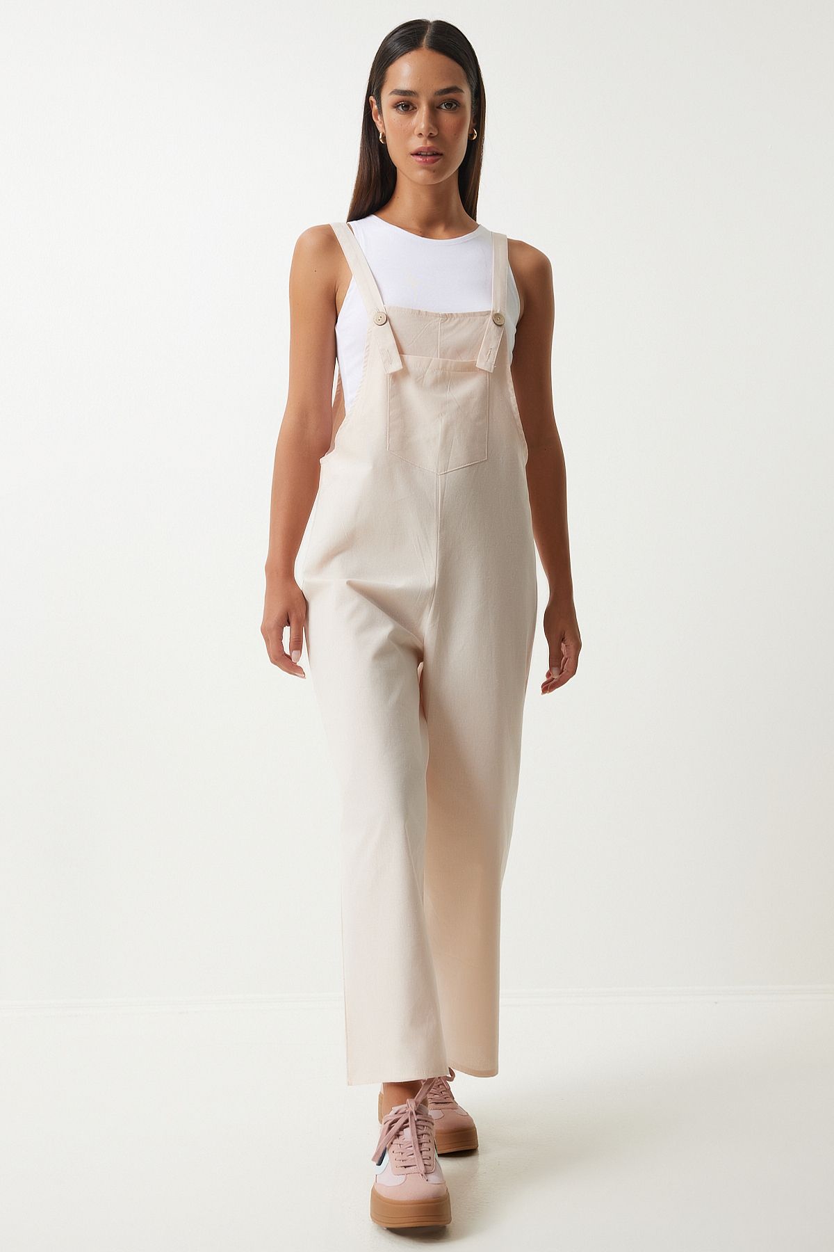 Krem Askılı İnce Gabardin Yazlık Bahçıvan Tulum KY00011