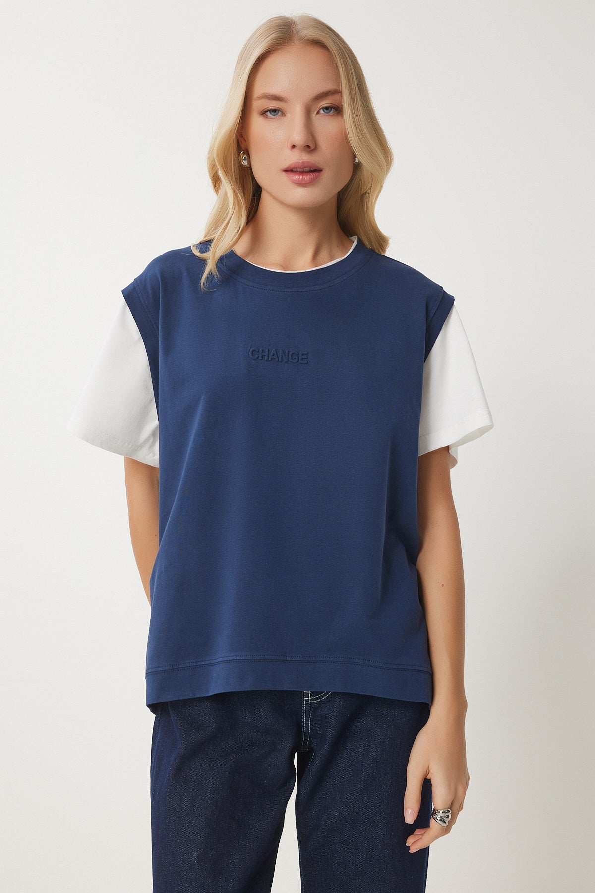 Lacivert Kontrast Renkli Pamuklu Örme T-Shirt CR00459
