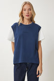 Lacivert Kontrast Renkli Pamuklu Örme T-Shirt CR00459