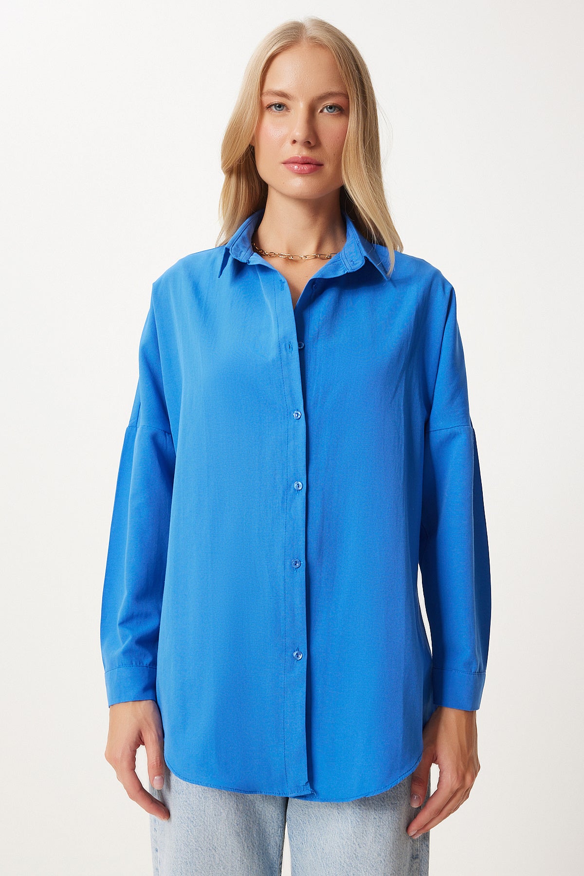 Canlı Mavi Oversize Uzun Basic Gömlek DD00842