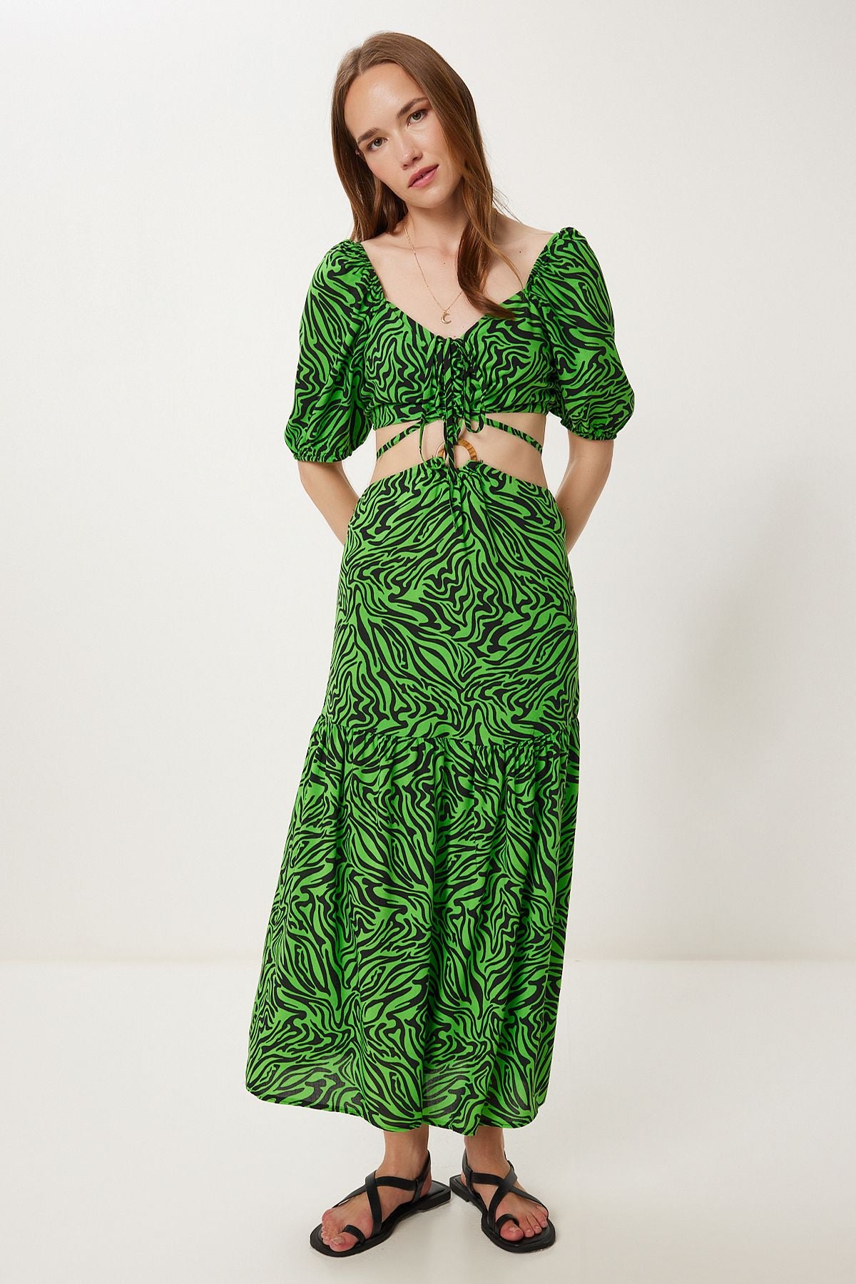 Yeşil Siyah Desenli Crop Bluz Etek Takım FK00033
