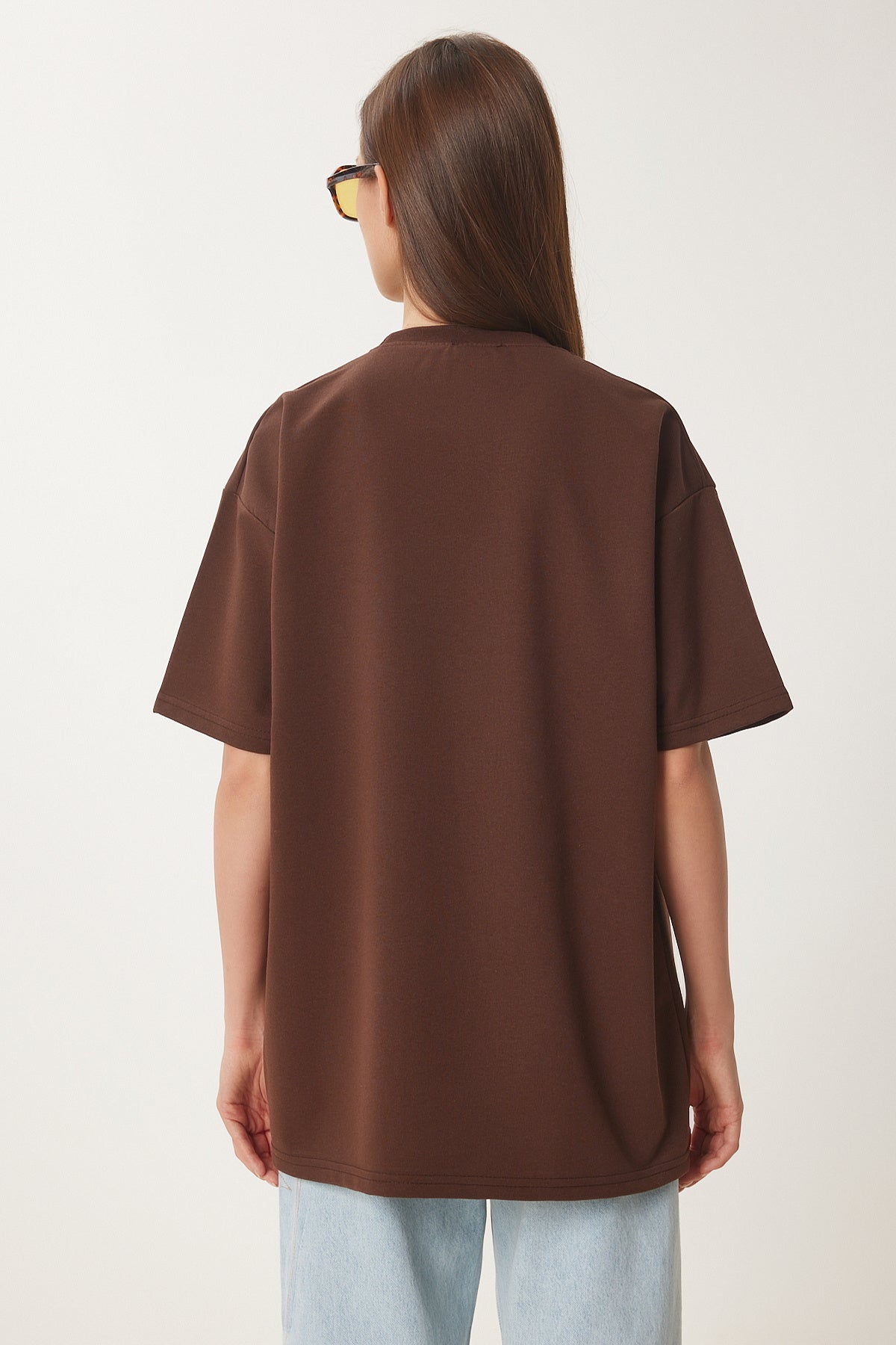 Kahverengi Kalp Nakışlı Örme T-Shirt ZV00299