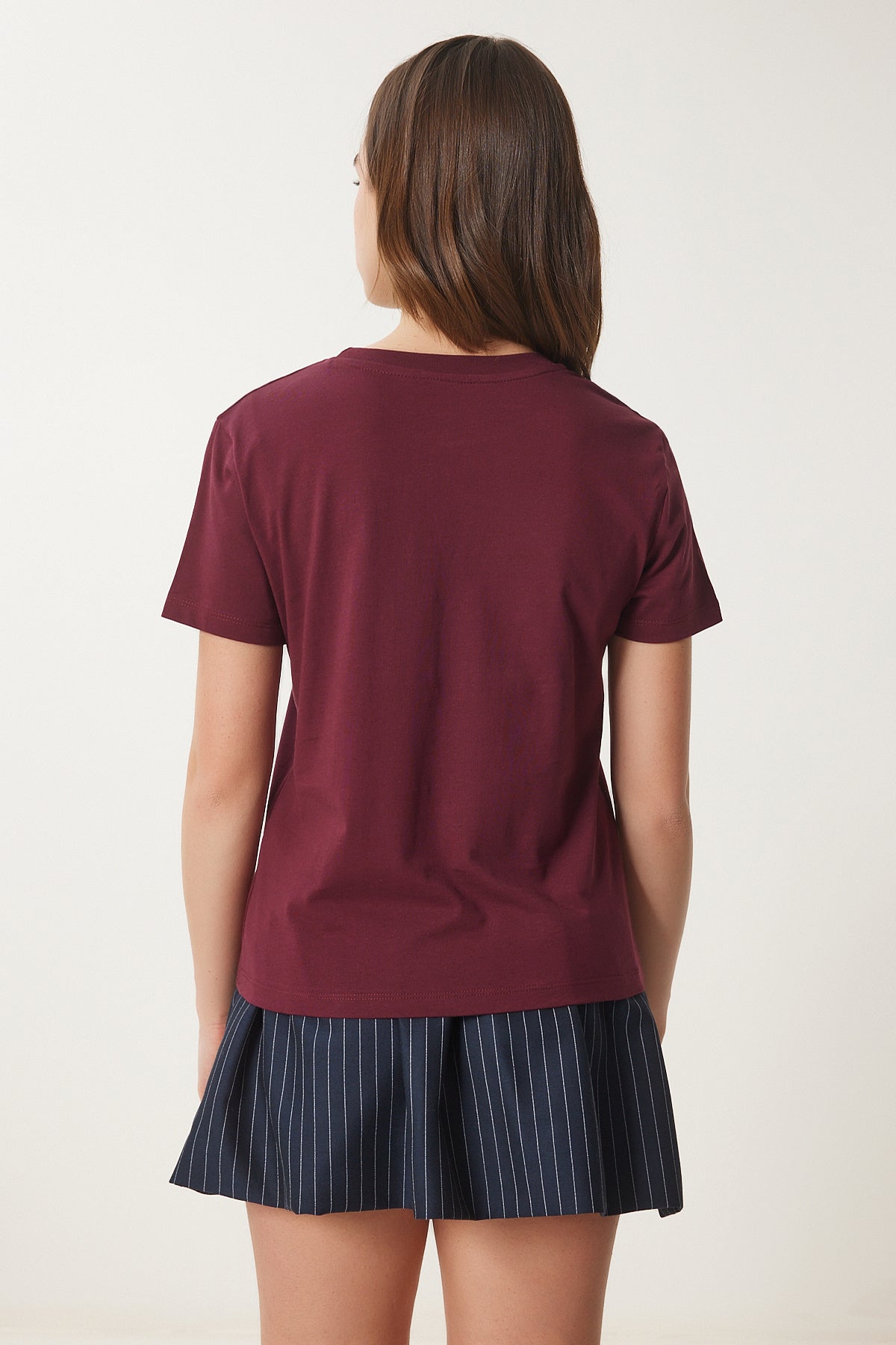 Bordo Ayıcık İşlemeli Pamuklu Örme T-Shirt CR00455