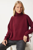 Bordo Balıkçı Yaka Oversize Triko Kazak BV00084