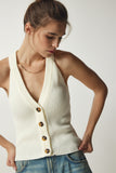 Ekru Halter Yaka Düğmeli Triko Yelek  FN03118