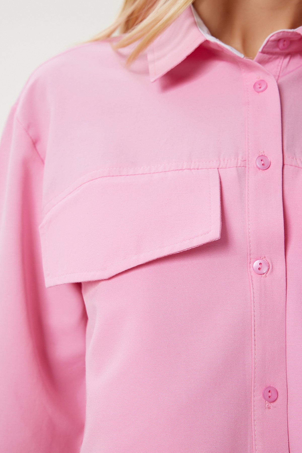 Pembe Kontrast Renkli Dokuma Crop Gömlek MX00184